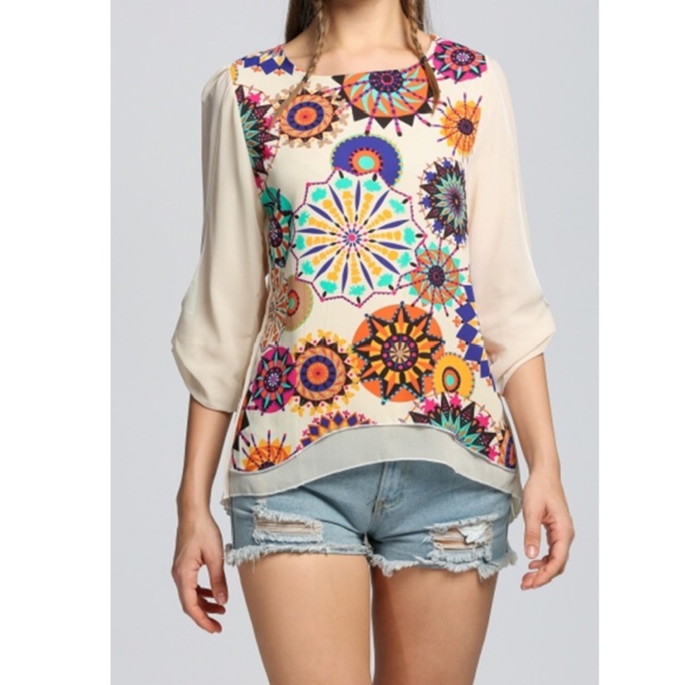 Blue Cream Pattern Chiffon Top - Picture 8 of 9